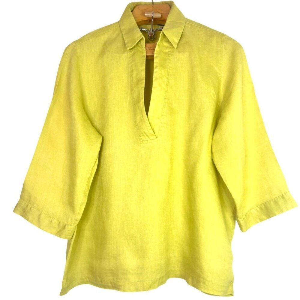 Tahari 100% Linen Lagenlook Resort Lime Green Blouse Size: L